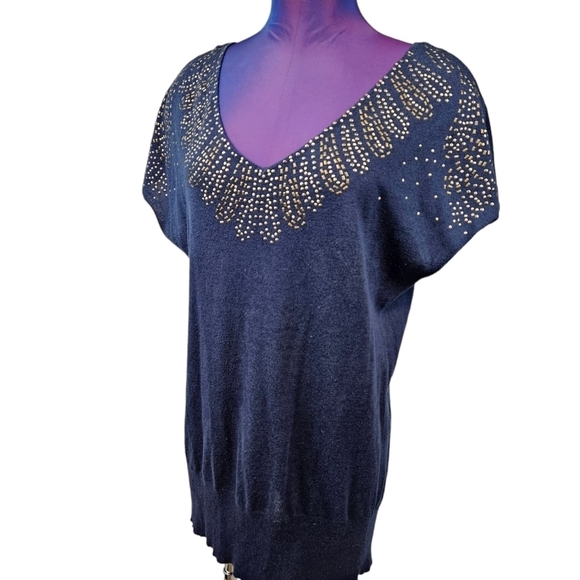 Cache Paisley Studded V-Neck Blue Tunic Top Sleeveless Dolman Sleeve Size Medium - Picture 7 of 7